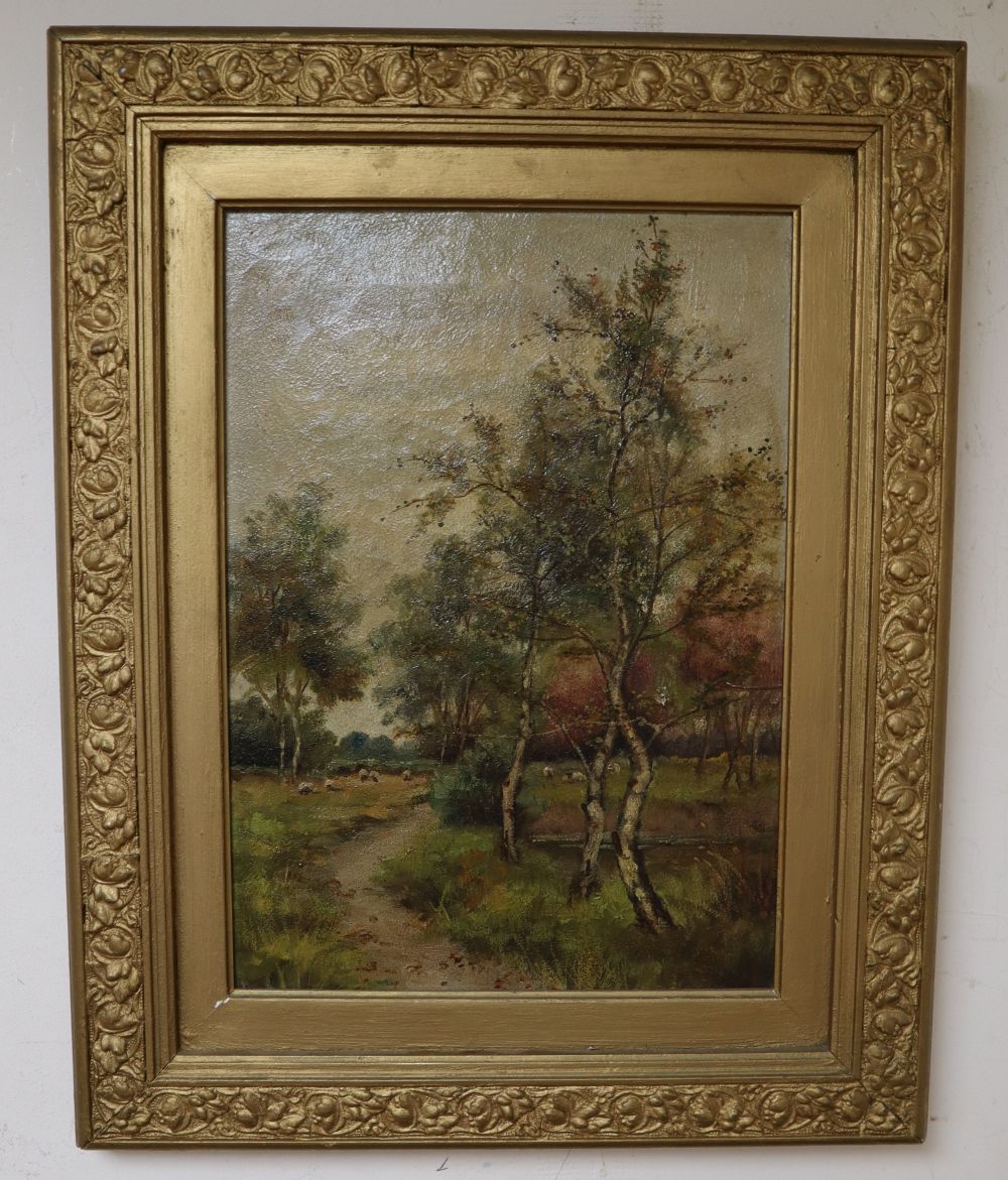 English School (19th/20th century), wooded landscape with sheep in the background grazing near a path, oil on canvas, 34 x 24cm